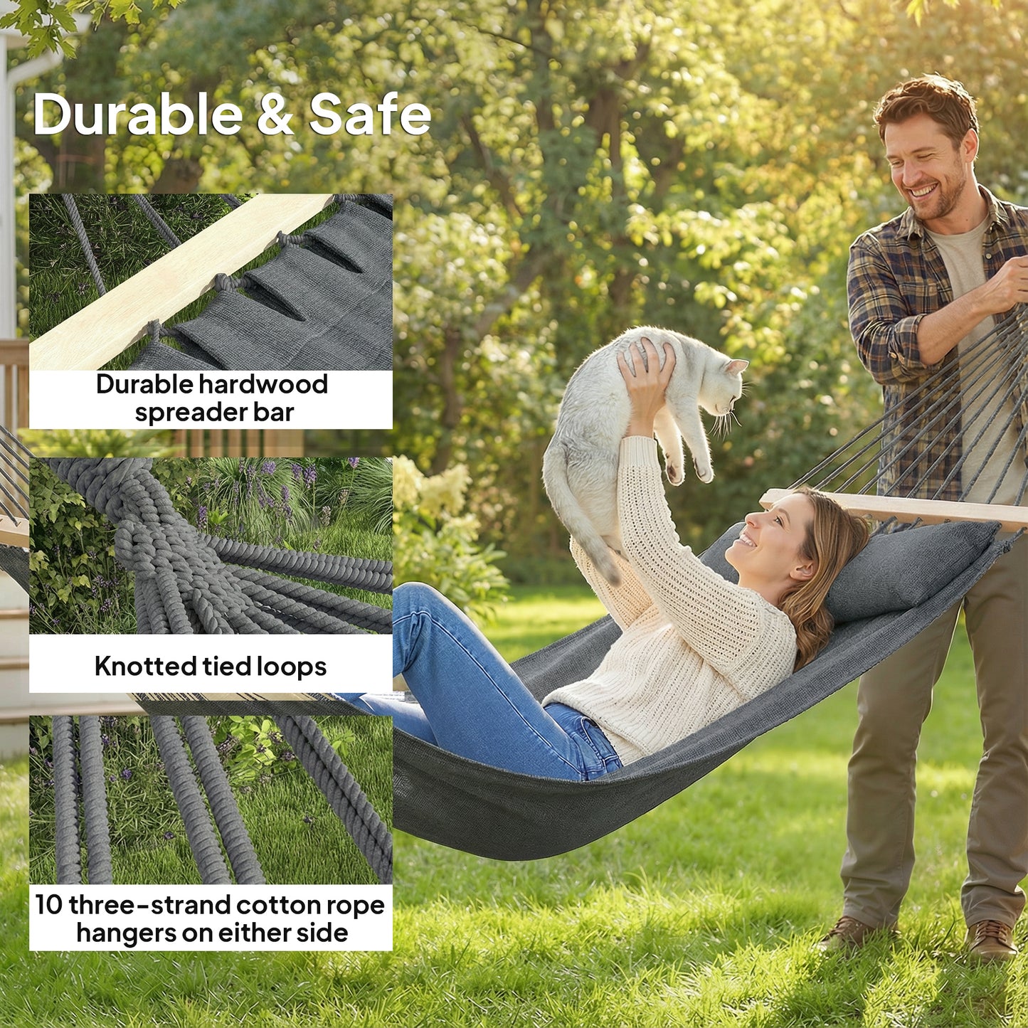 Outsunny Cotton Hammock Portable Swing With Headrest And Side Pocket For Outdoor Relaxation Dark Gray