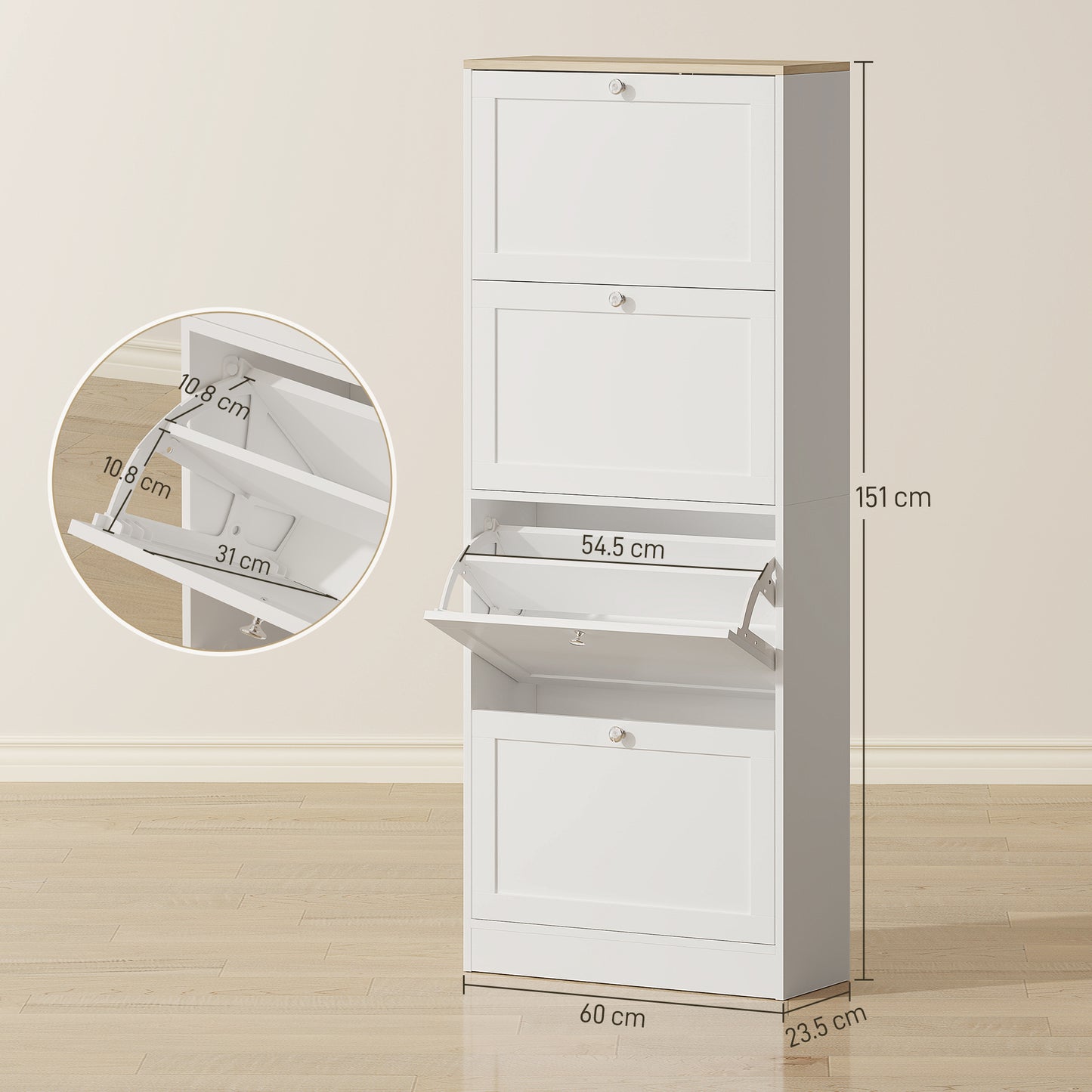 HOMCOM Modern Four Drawer Shoe Storage Cabinet White With Adjustable Shelves Holds 24 Pairs