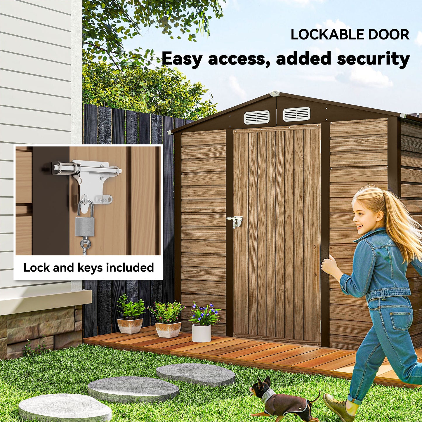 Outsunny 4x6ft Galvanised Steel Garden Shed With Lock And Gloves Oak For Outdoor Storage