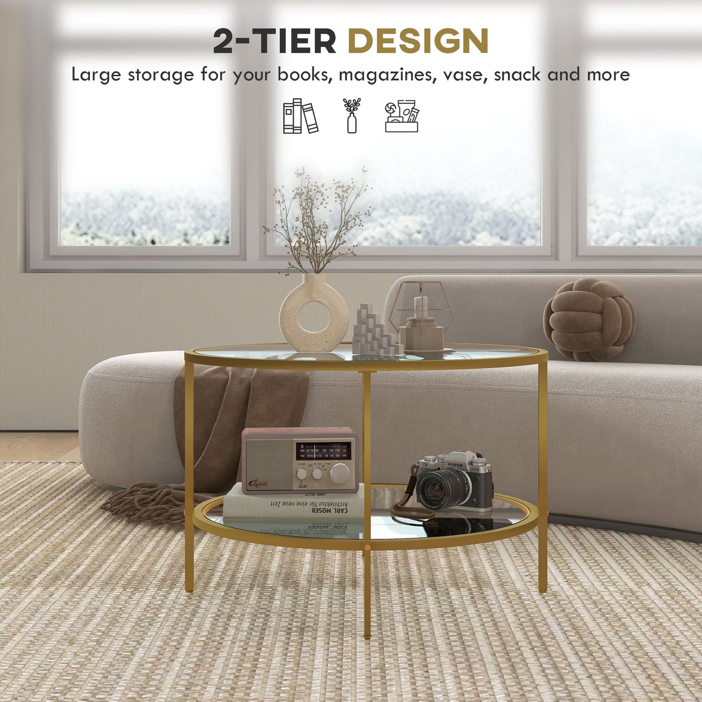 HOMCOM Round Coffee Table With Storage Two Tier Tempered Glass Shelves Gold Tone Steel Frame For Living Room