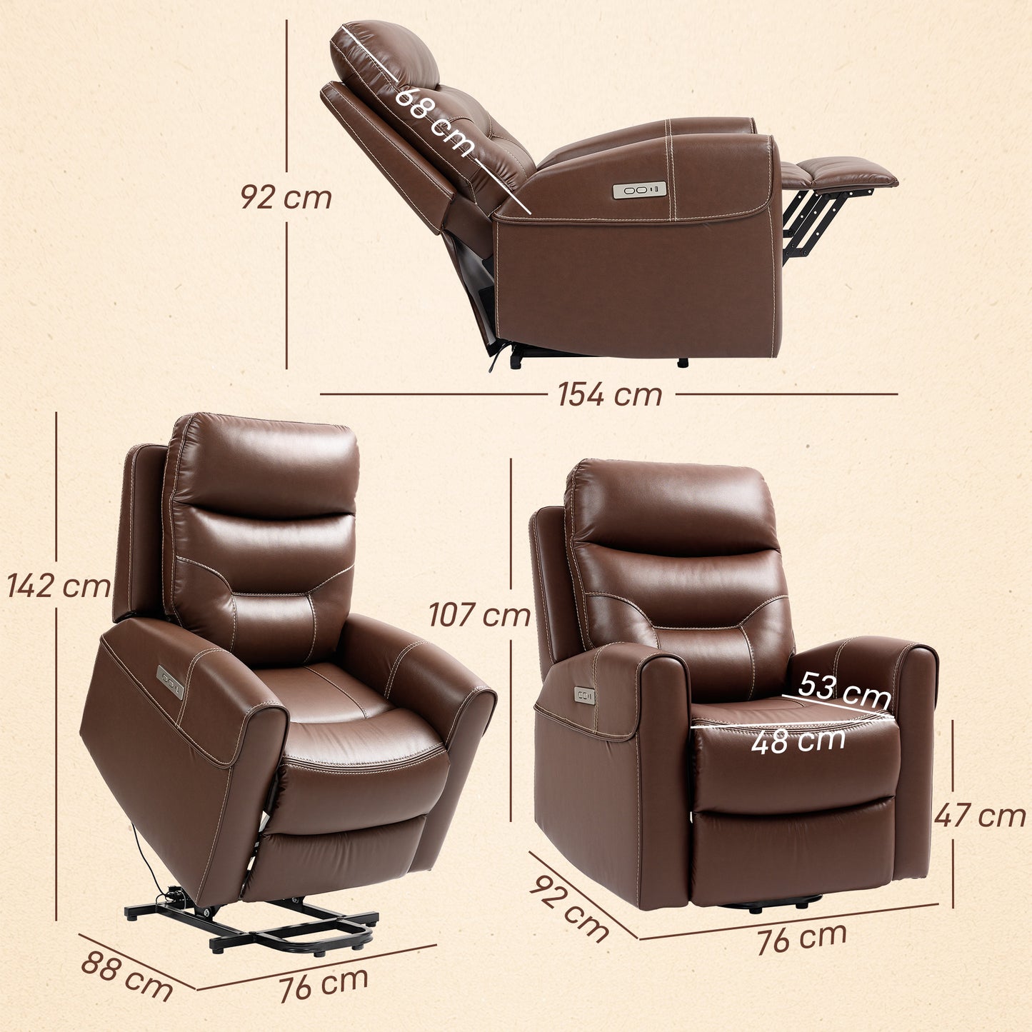 HOMCOM Power Lift Recliner Chair With USB A And C Ports, Overstuffed Faux Leather Riser For Living Room Brown