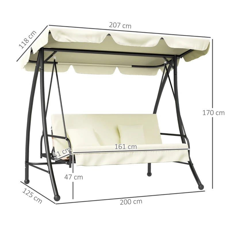 Outsunny 3-Seater Garden Swing Chair with Adjustable Canopy - Cream White Outdoor Patio Swing - ALL4U RETAILER LTD