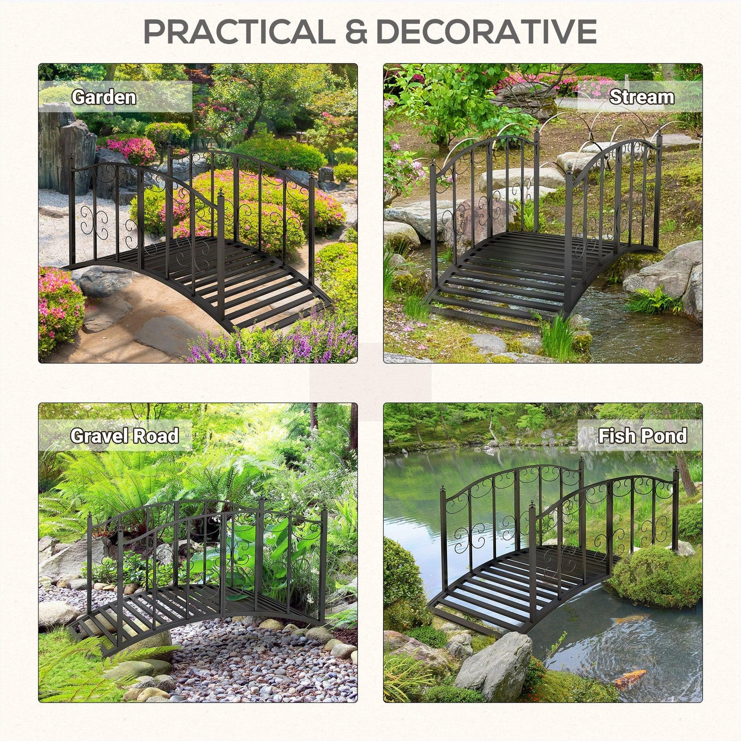 Outsunny 1.2M Metal Decorative Scrollwork Arch Garden Bridge, Black - ALL4U RETAILER LTD