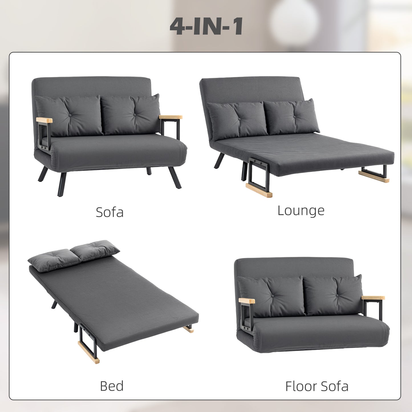 HOMCOM 4 In 1 Velvet Feel Double Sofa Bed With Pillows Dark Grey Perfect For Living Rooms And Guest Rooms