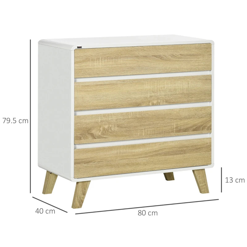 HOMCOM 4-Drawer Chest: Bedroom & Living Room Storage Organizer, 80cmx40cmx79.5cm, White/Natural - ALL4U RETAILER LTD