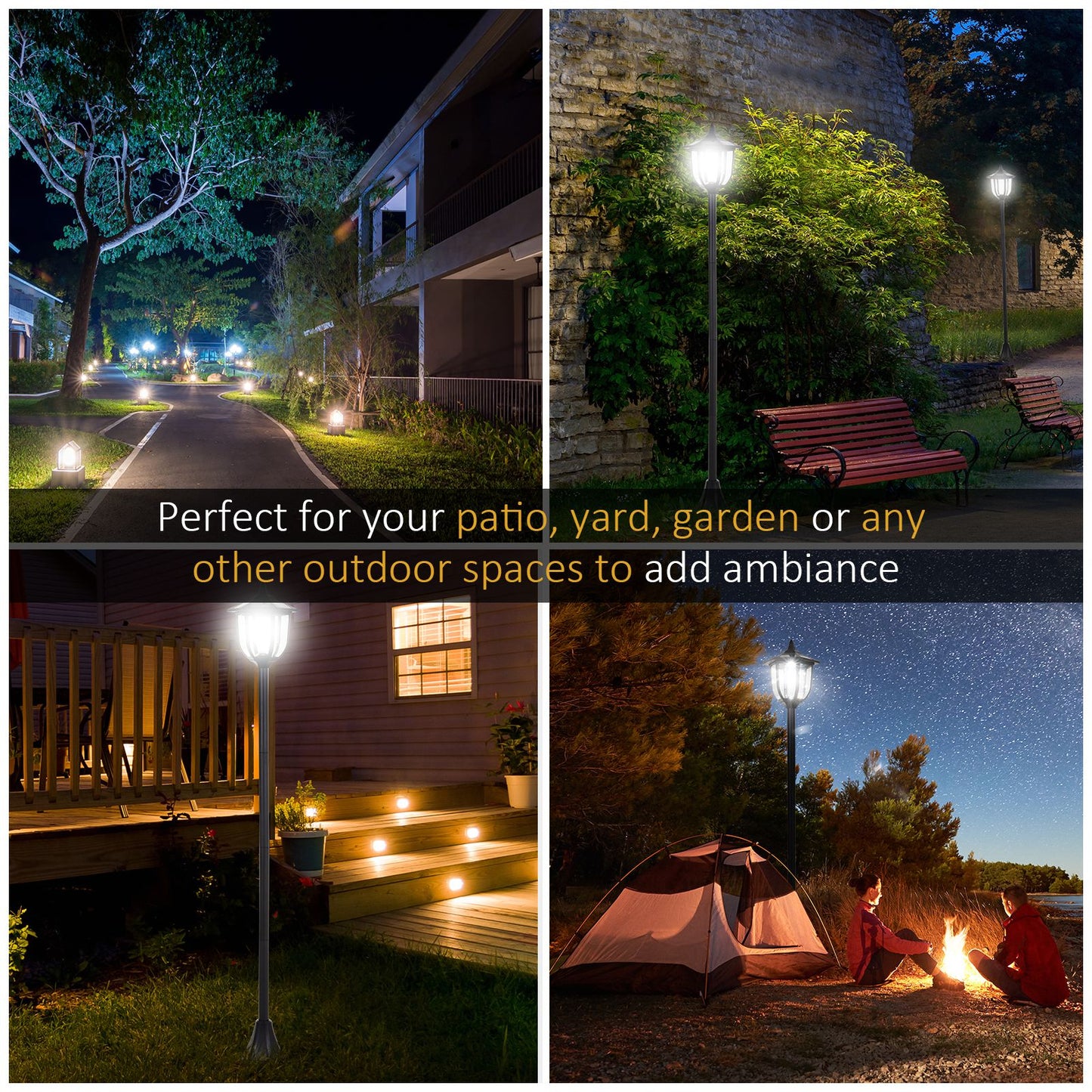 Outsunny Two Pack Garden Solar Post Lights With Sensor Dimmable LED Lantern Bollard Pathway Light 1.6M Tall Black