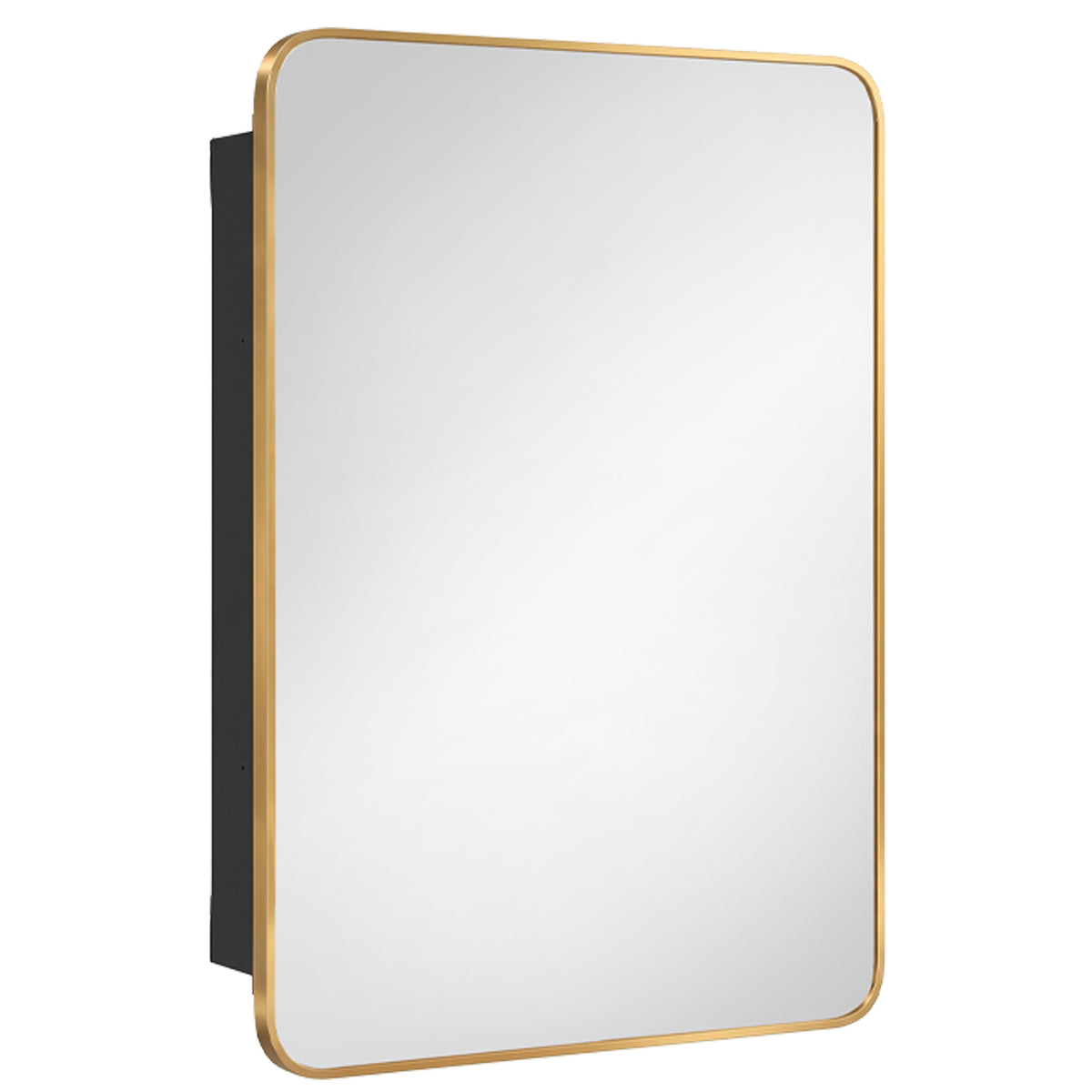 Rectangle bathroom mirror cabinet with gold frame and plain reflective glass panel.