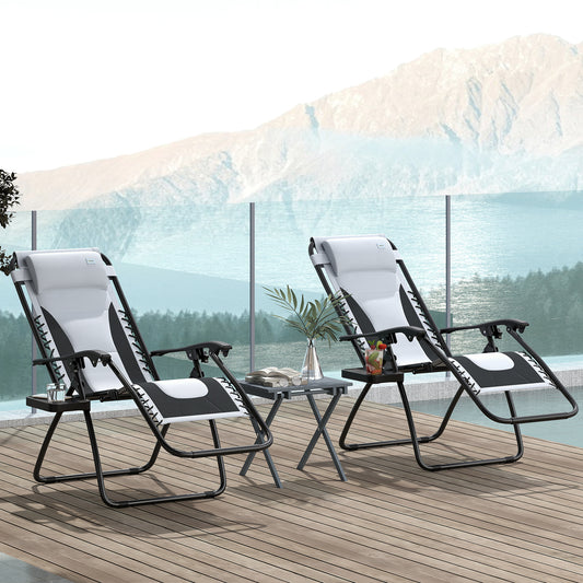 Outsunny Zero Gravity Lounger Chair Set Of 2 Folding Outdoor Recliners With Cup Holder Padded Seat And Headrest Grey