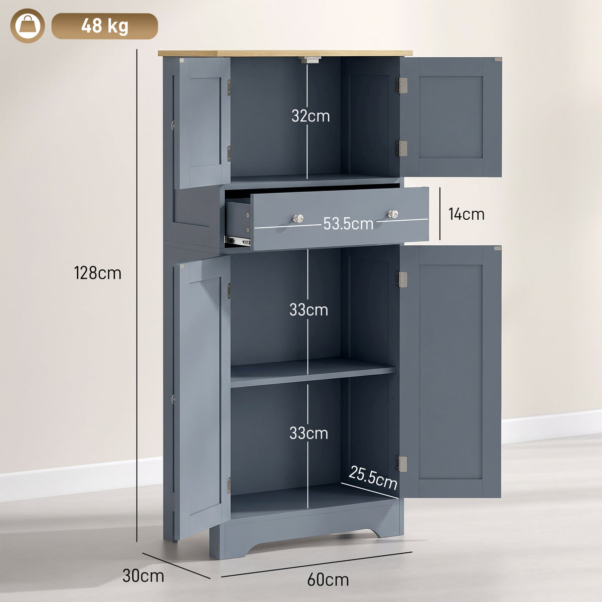 HOMCOM Grey Blue Freestanding Kitchen Cabinet With Doors Drawer And Shelves