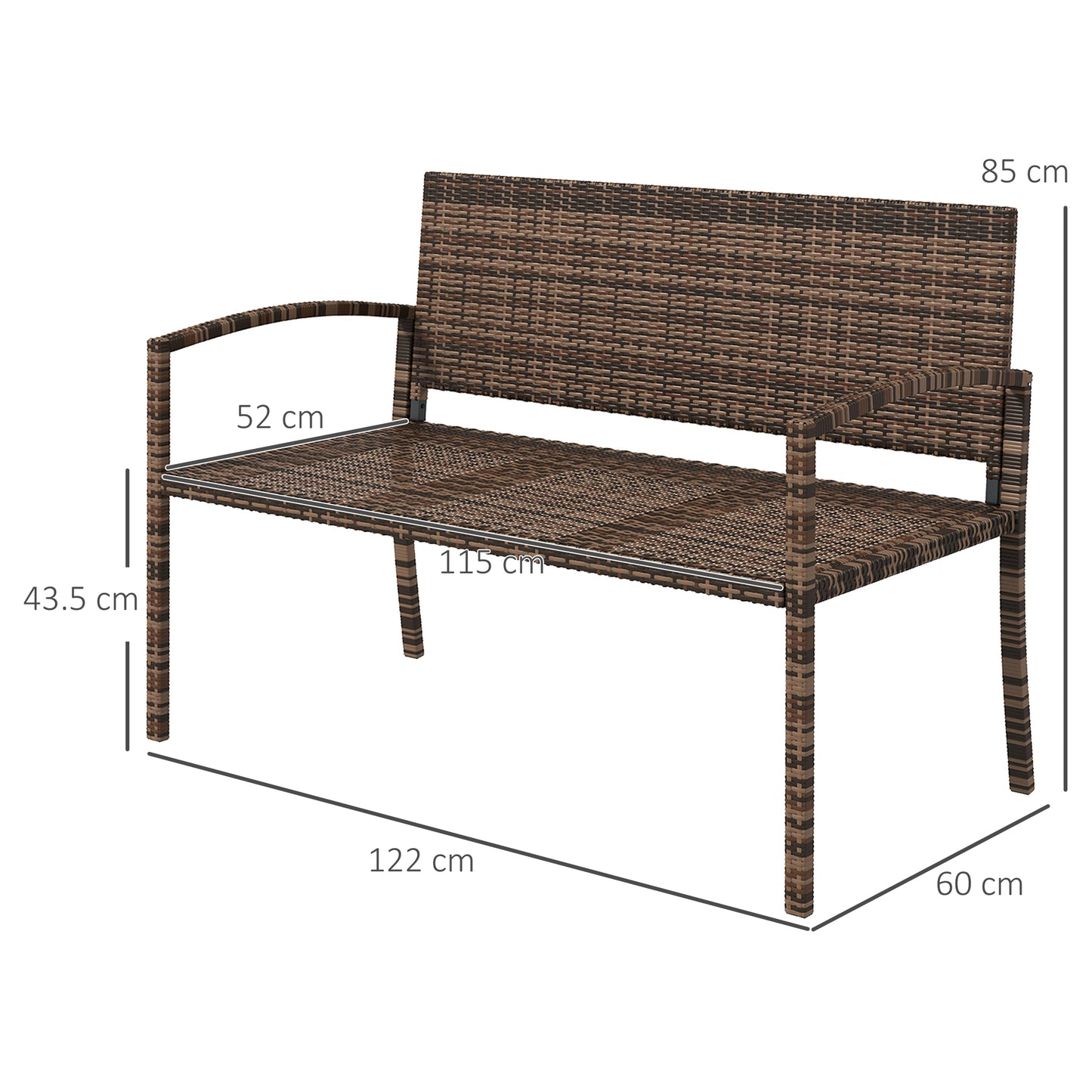 Outsunny All Weather Wicker Garden Loveseat 2 Seater Poly Rattan Garden Bench Outdoor Seating Brown