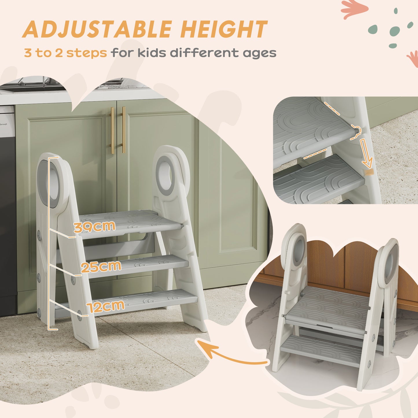 Adjustable Grey Toddler Kitchen Step Stool with Non-Slip Surface and Foldable Design