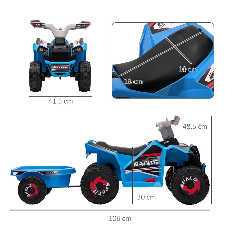 HOMCOM 6V Blue Quad Bike with Back Trailer - Wear-Resistant Wheels, Ideal for Ages 18-36 Months - ALL4U RETAILER LTD