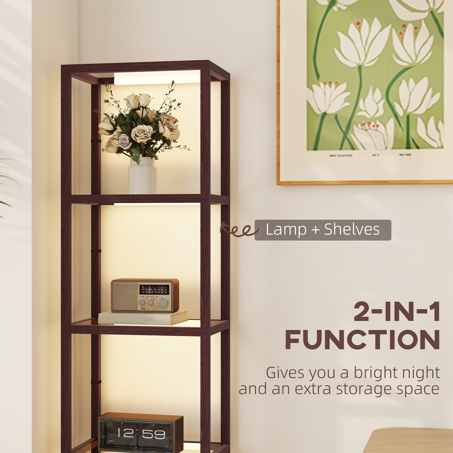 HOMCOM Four Shelf Floor Lamp With Warm White LEDs And Built In Storage And Tempered Glass Shelves Dark Brown