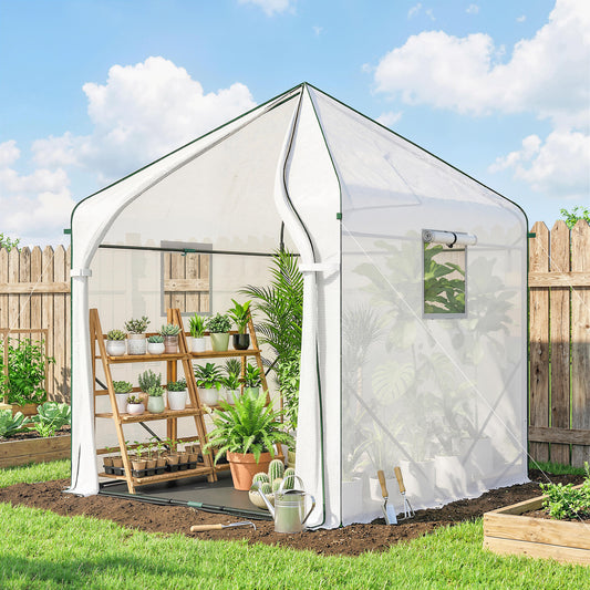 Outsunny Walk In Greenhouse For Outdoors With Steel Frame Large Plant House With Roll Up Door PE Ground Cover White