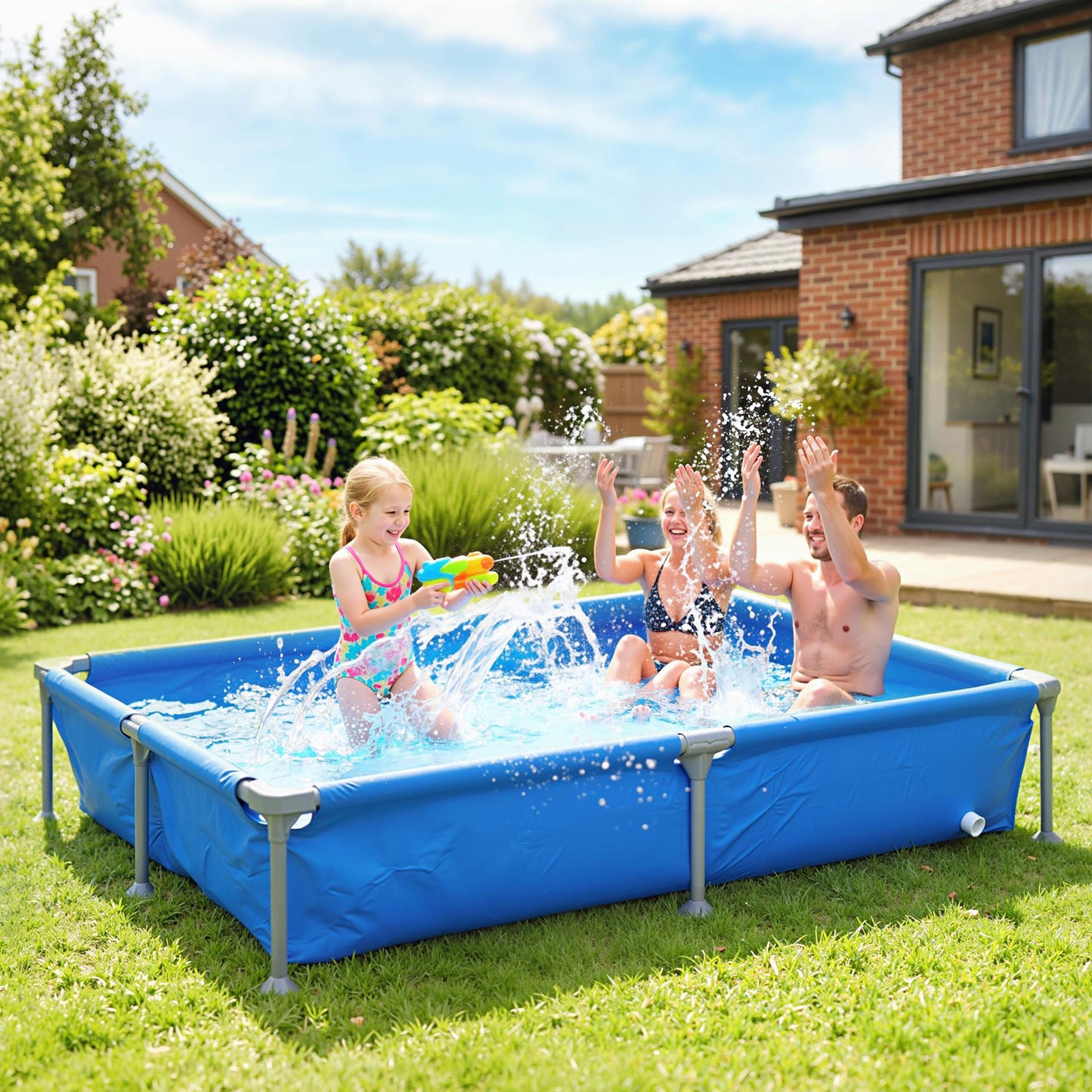 Outsunny Metal Frame Rectangular Above Ground Pool With Repair Patch 229x160x43 Cm Blue