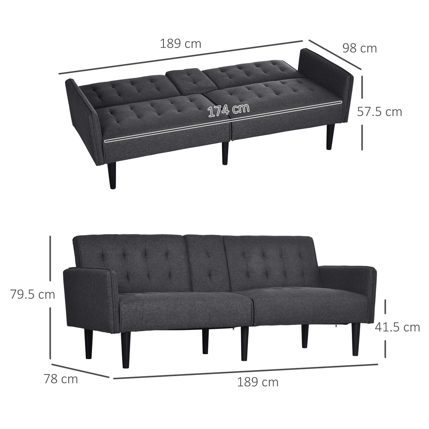 Homcom Three Seater Sofa Bed With Cupholders Grey Space Saving Convertible Couch For Small Apartments And Guests