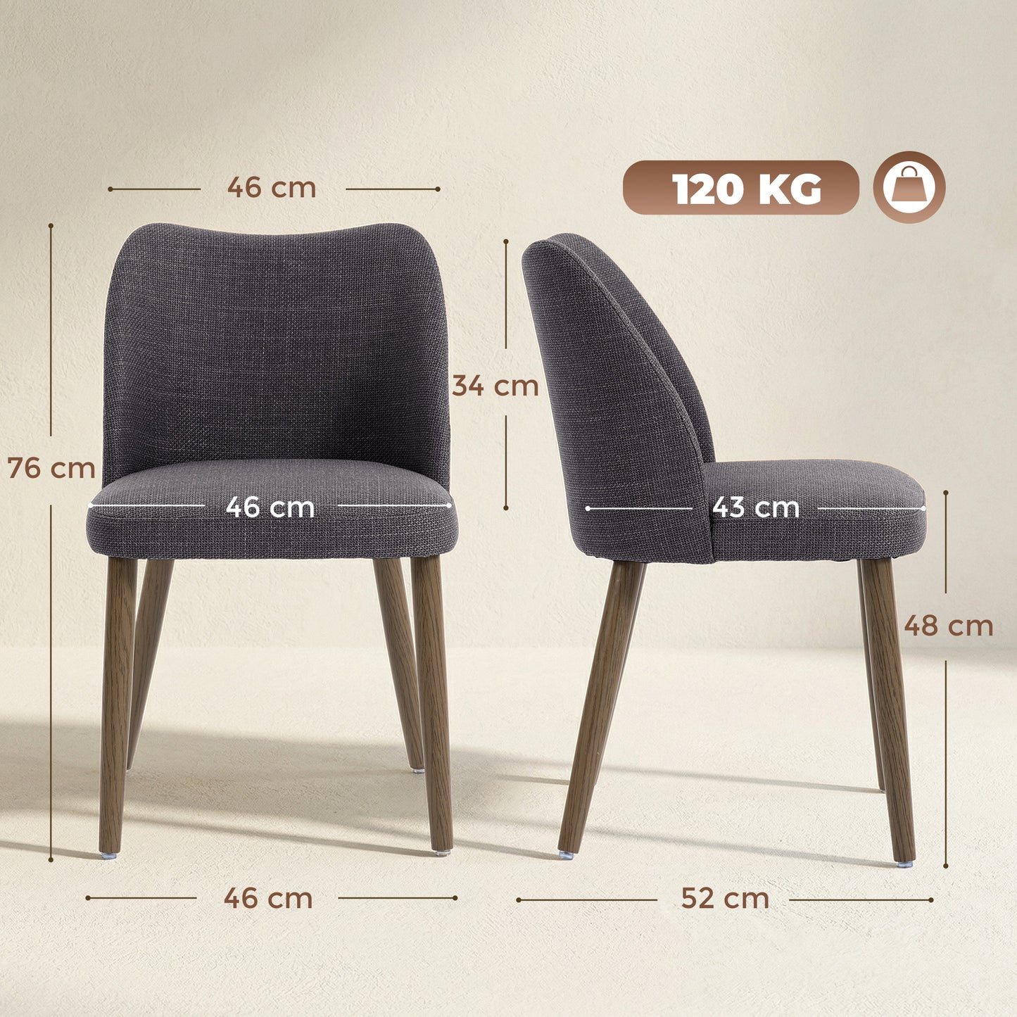 HOMCOM Dining Chairs Set Of 2 Linen Upholstered Kitchen Chairs Padded Seat Curved Backrest Rubberwood Legs Grey