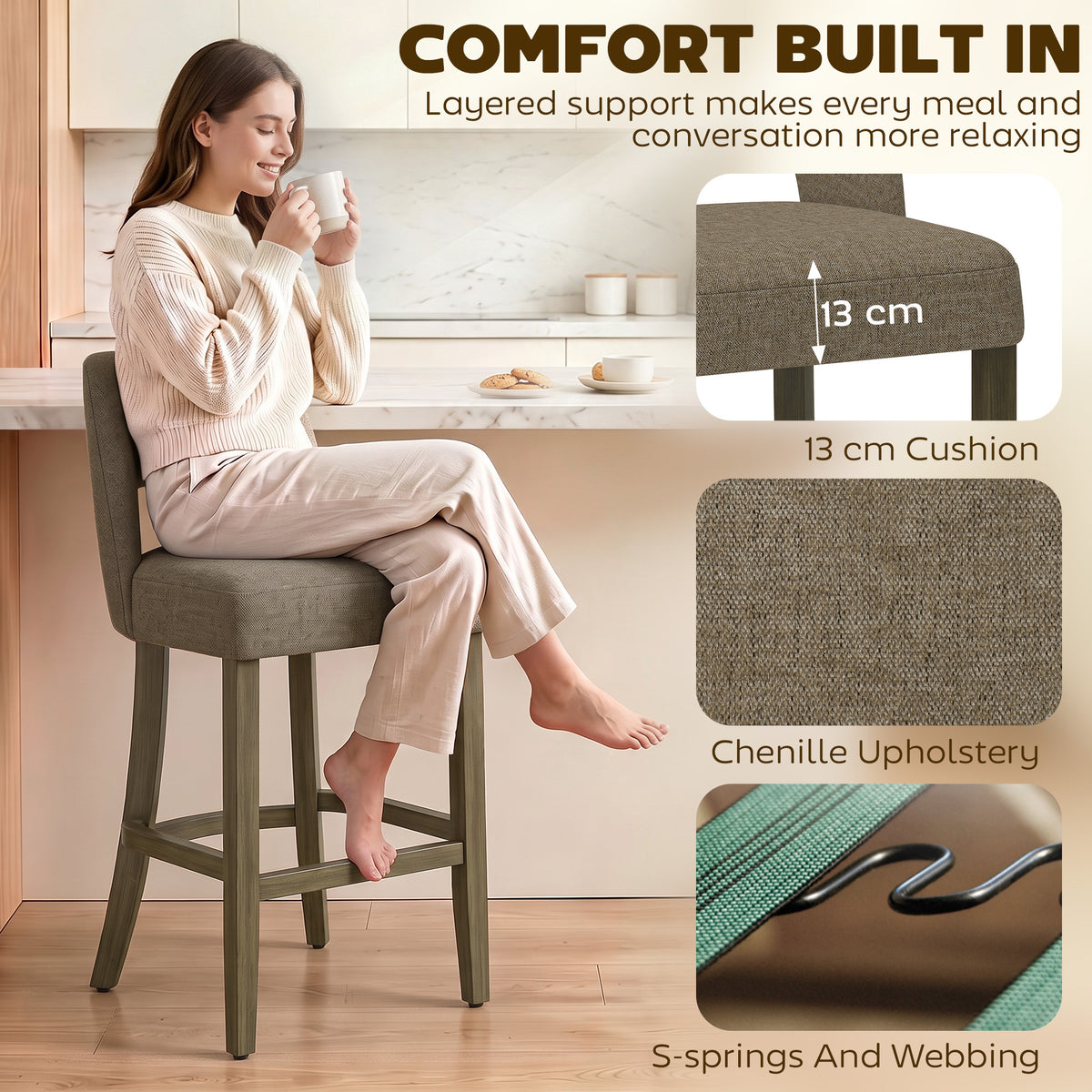 Set of 2 counter-height bar stools with curved backrests and dark chenille seats