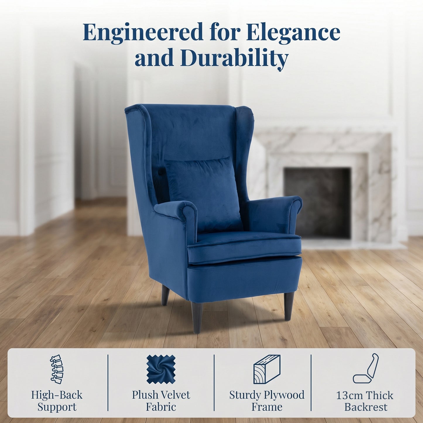 HOMCOM Velvet Wingback Reading Chair with High Backrest and Removable Pillow Cover Blue