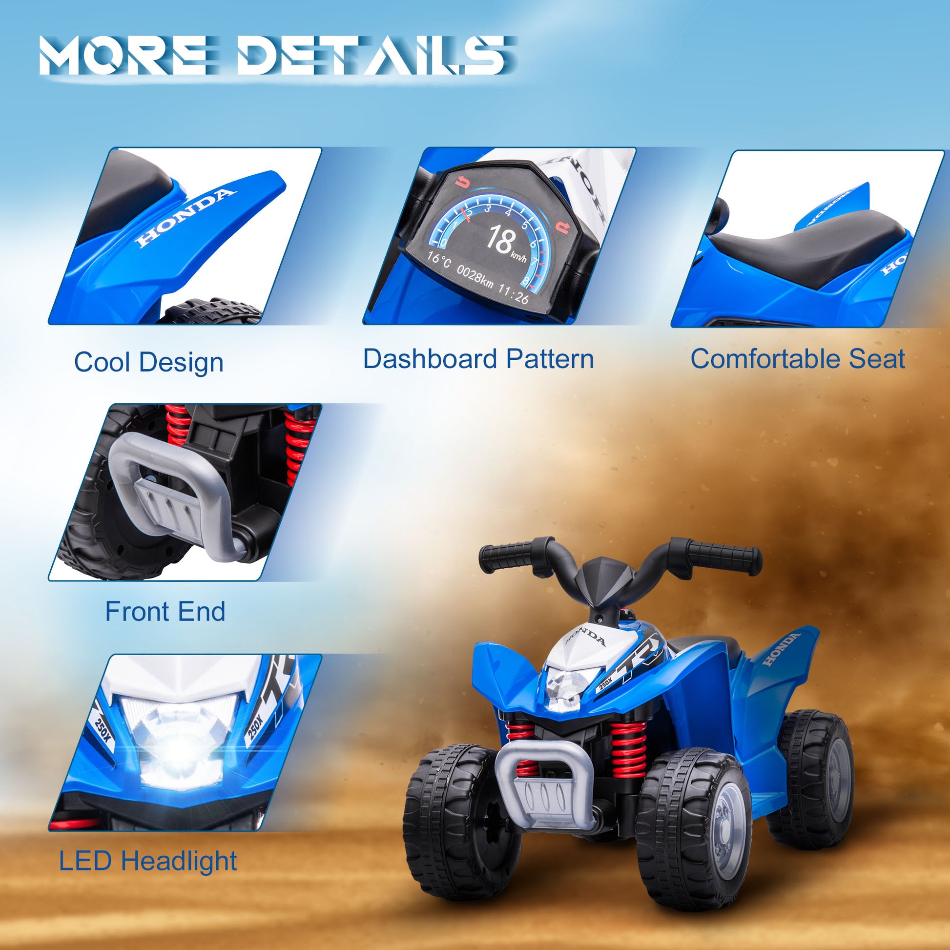 AIYAPLAY Honda Licensed Kids 6V Electric Quad Bike – Blue ATV Ride-On for Ages 1.5 to 3 - ALL4U RETAILER LTD