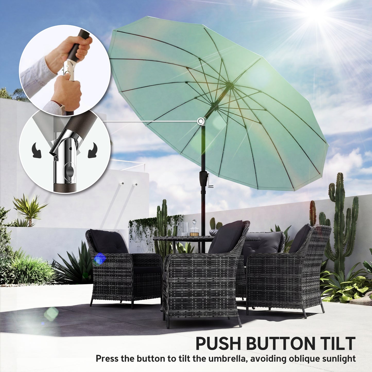 Outsunny 2m Shanghai Garden Parasol Umbrella With 16 Fibreglass Ribs Turquoise Crank Tilt Sun Shade