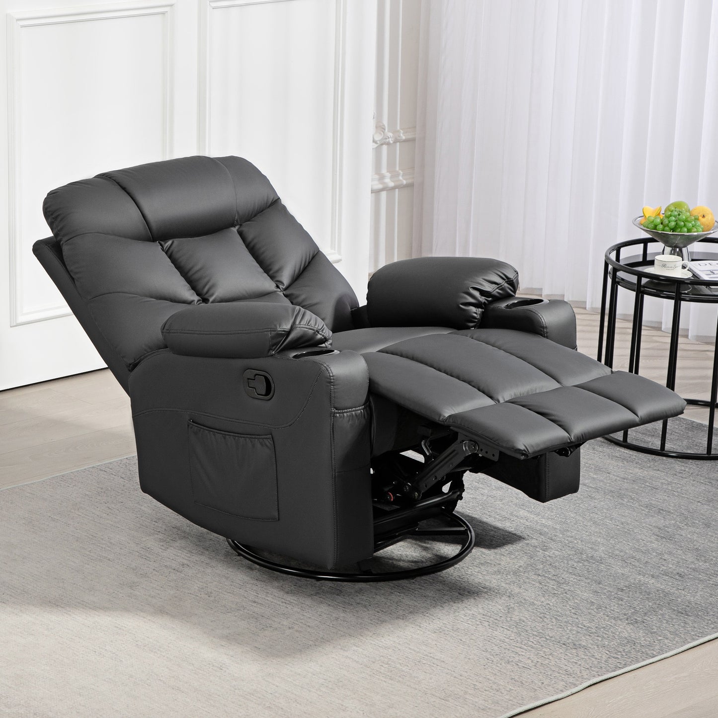 HOMCOM 360° Swivel Recliner Chair with Footrest and Cup Holders, Faux Leather Armchair in Black, Manual Recline, Compact Design - ALL4U RETAILER LTD