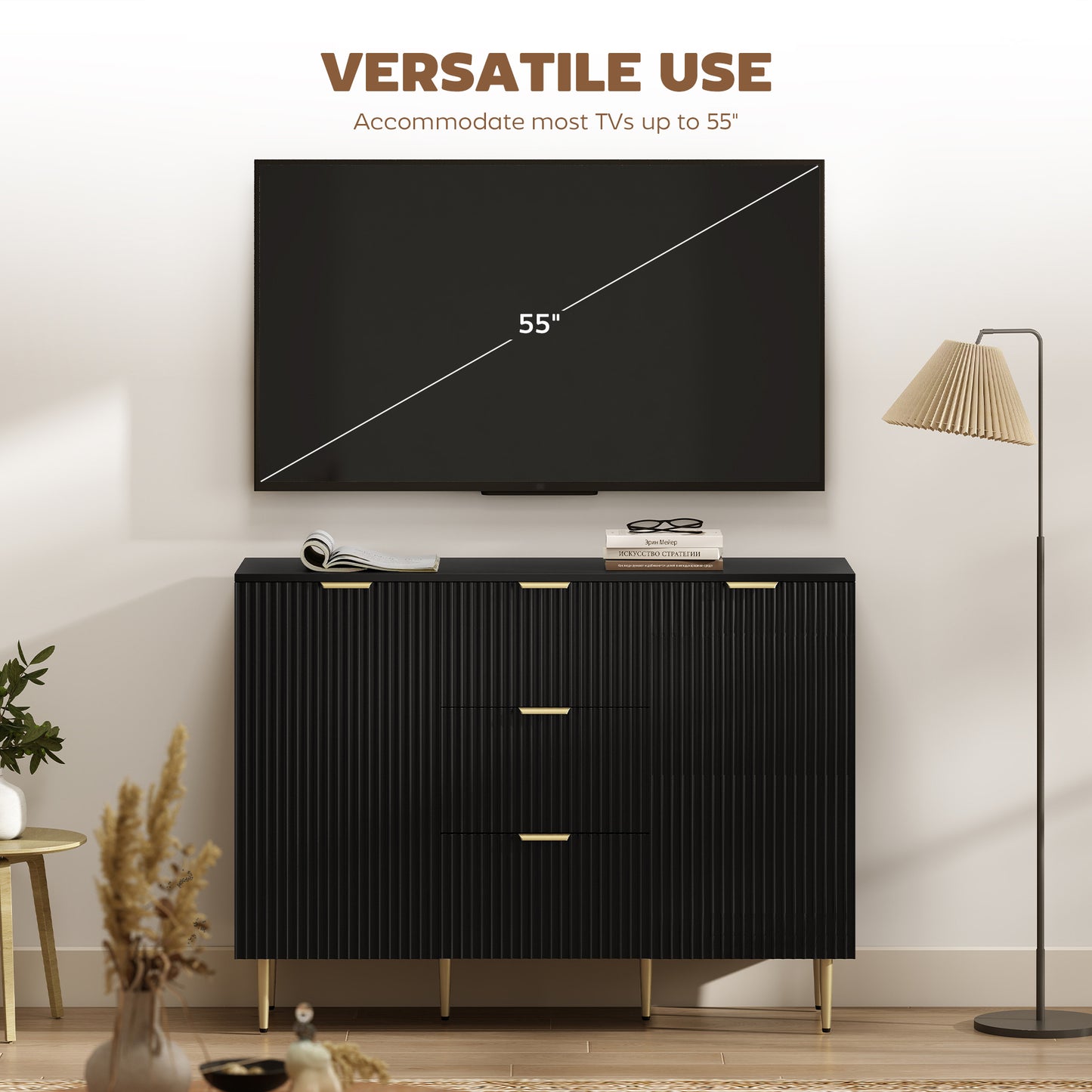 HOMCOM 2 Door Sideboard With 3 Drawers And Adjustable Shelves Black Storage Cabinet