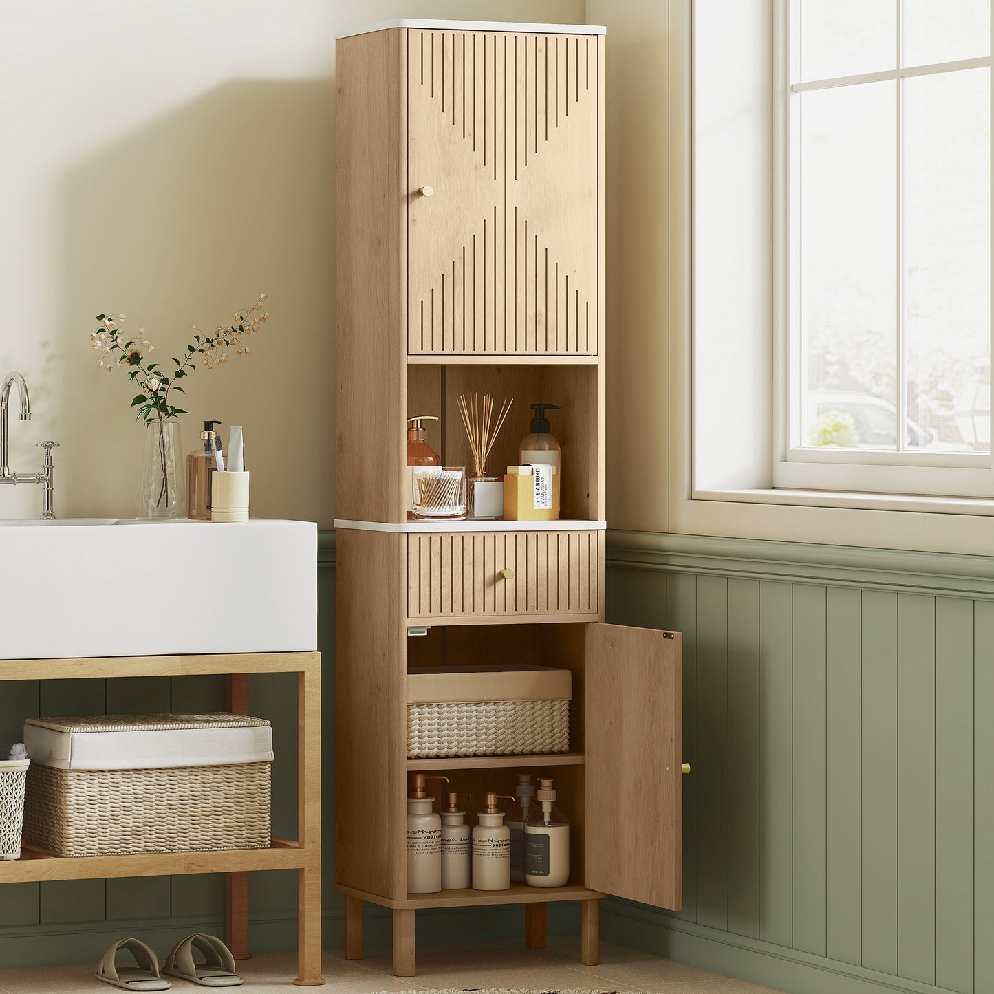HOMCOM Slim Bathroom Cabinet With Silent Drawer Rail In Wood Finish For Scandinavian Japanese Adjustable Shelves