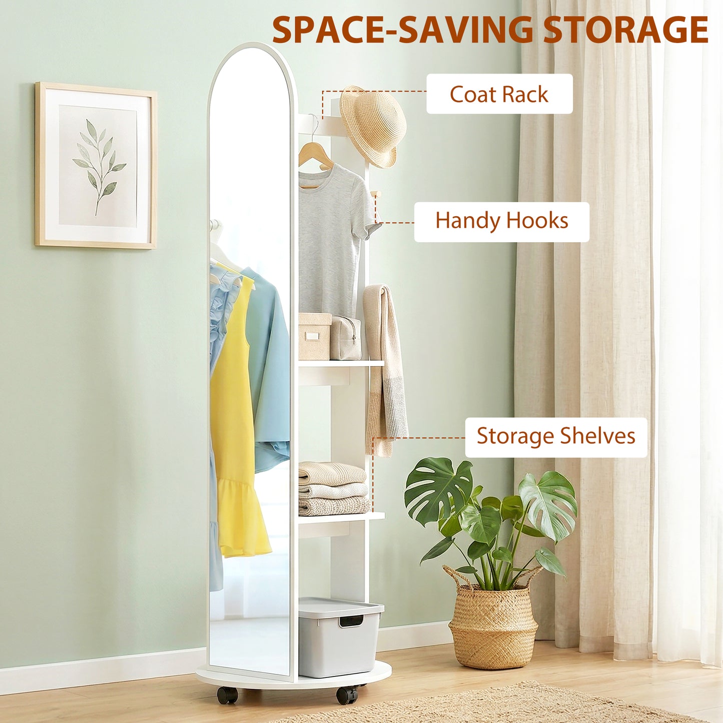 HOMCOM 2 In 1 Full Length Mirror With Hidden Storage Shelves Coat Rack And Hooks White Floor Mirror With Wheels