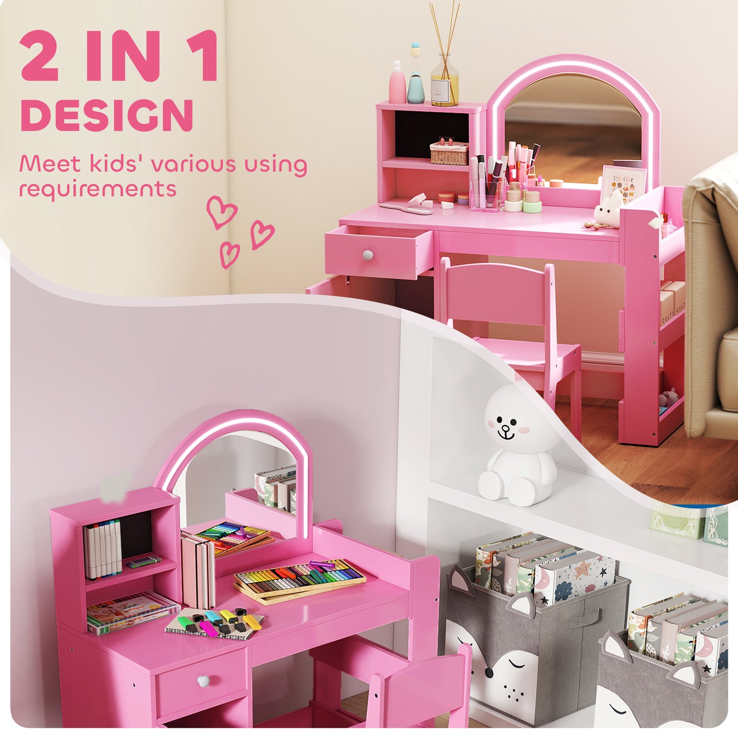 AIYAPLAY Kids Vanity Table and Chair Set with LED Mirror Pink and Storage Includes Stool Cabinet Drawer Shelves
