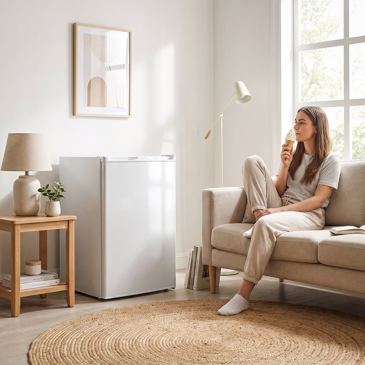 White countertop mini upright freezer standing on the floor in a living room
