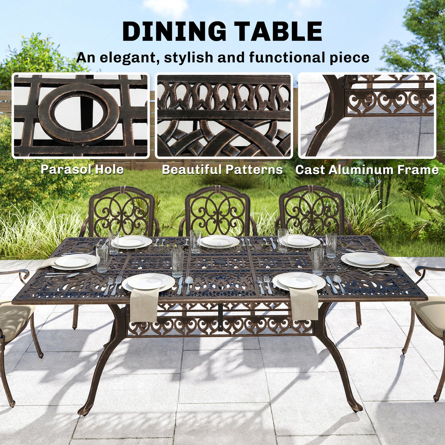 Outsunny 9 Piece Cast Aluminium Garden Table And Chairs Dining Set With Cushions Parasol Hole Bronze Tone