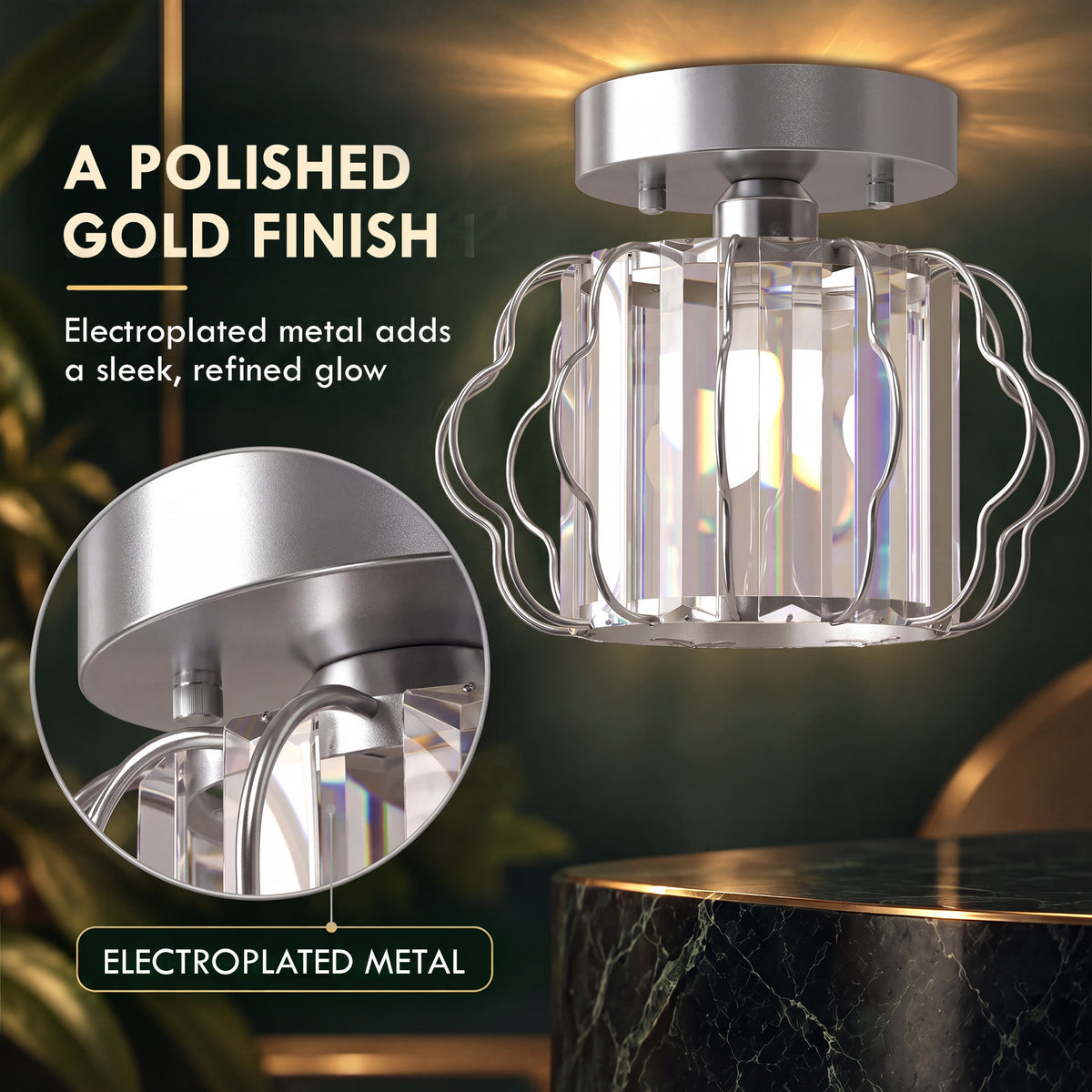 Semi-flush ceiling light with clear crystal bars in metal cage