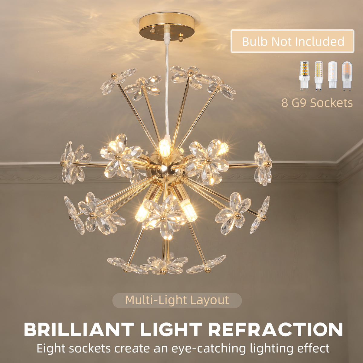 HOMCOM Crystal Flower Ceiling Chandelier With Adjustable Height