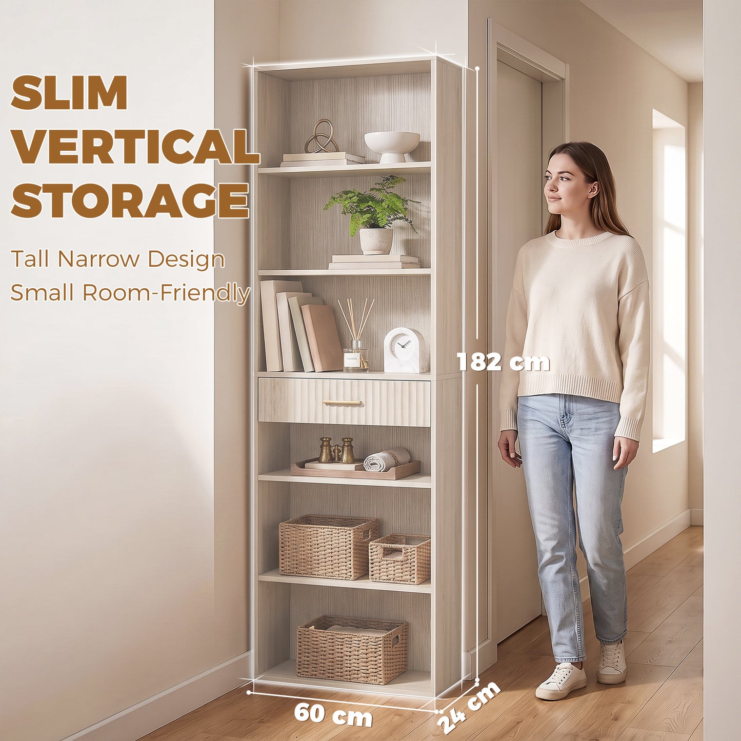 Homcom Tall Bookcase 7 Tier Narrow Bookshelf Drawer Open Shelves Oak Effect