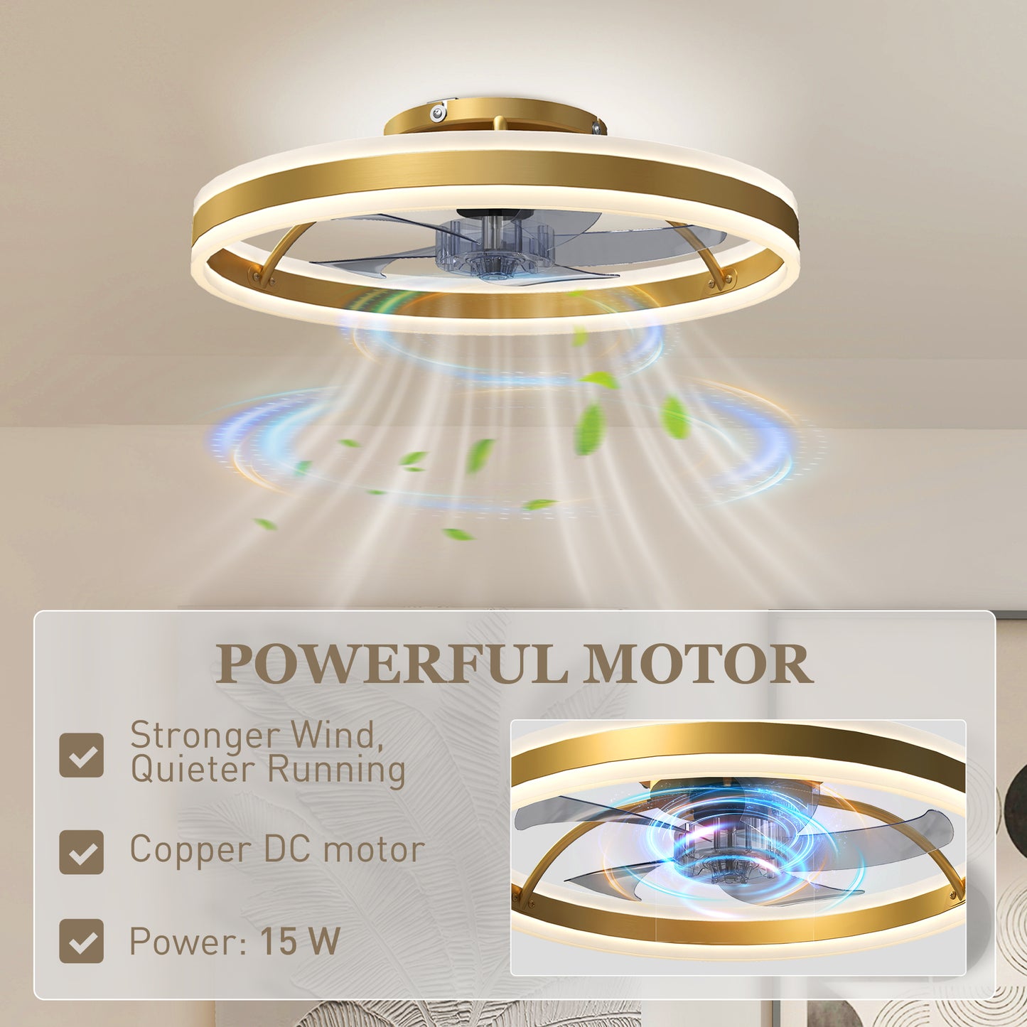 HOMCOM Ceiling Fan With Light And Remote LED Mount Three Colour Temperatures Six Speed 50 cm Gold Tone