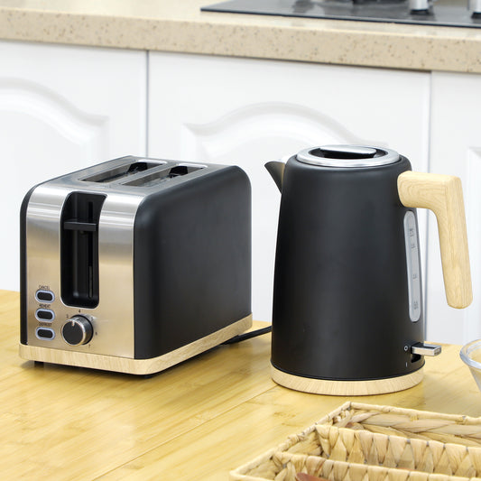 HOMCOM Stainless Steel Kettle And Toaster Set 1.7L 3000W 2 Slice With 7 Browning Levels Defrost Reheat Auto Off Black