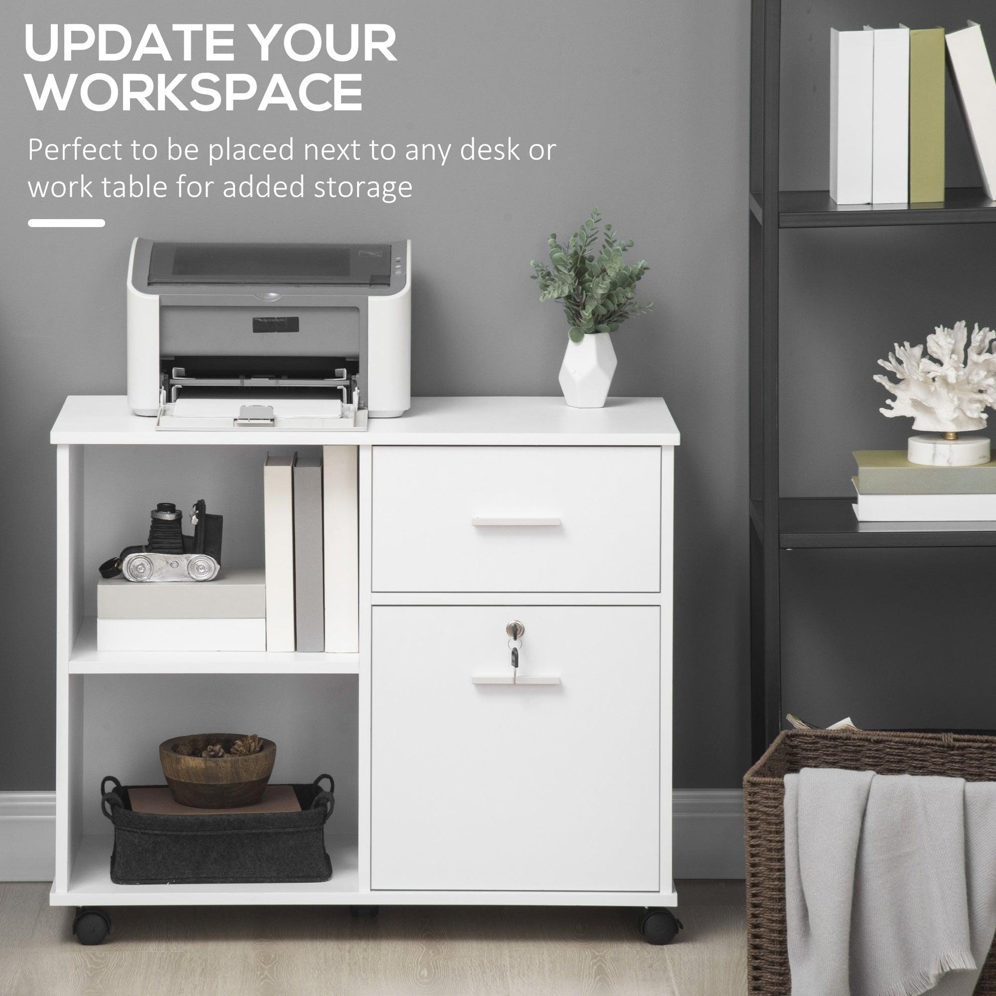 Vinsetto White Filing Cabinet & Printer Stand with Drawers & Shelves - ALL4U RETAILER LTD