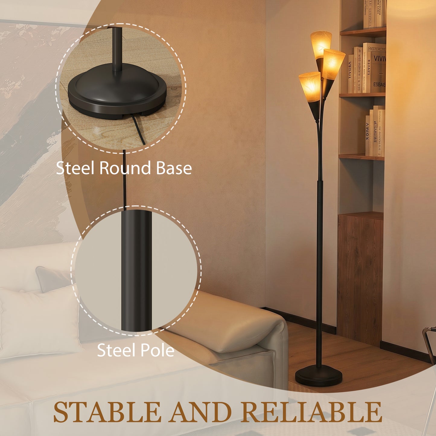 HOMCOM Modern Standing Lamp 3 Light Upright Floor Lamp for Living Room Black with Cone Shades
