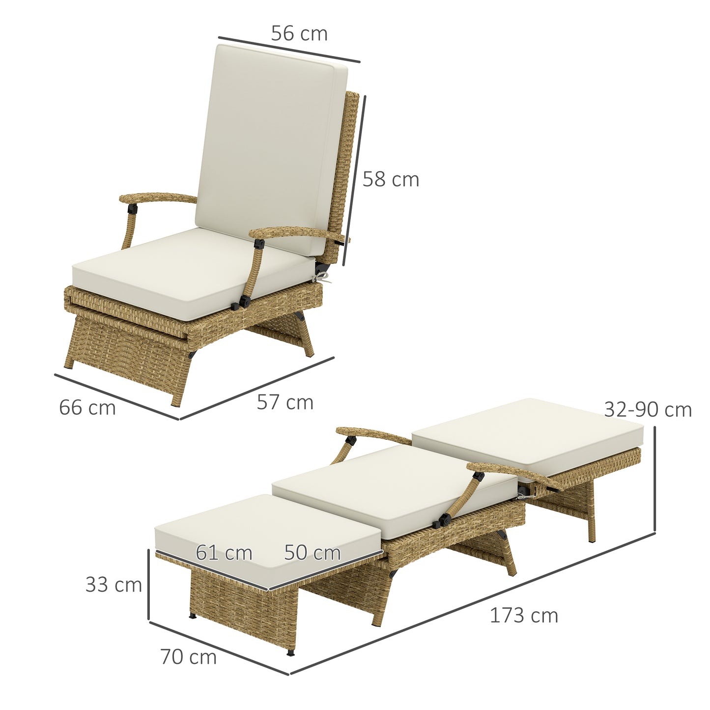 Outsunny 80 Degree Reclining Rattan Lounger With Footrest Ideal Outdoor Garden Chair White Beige