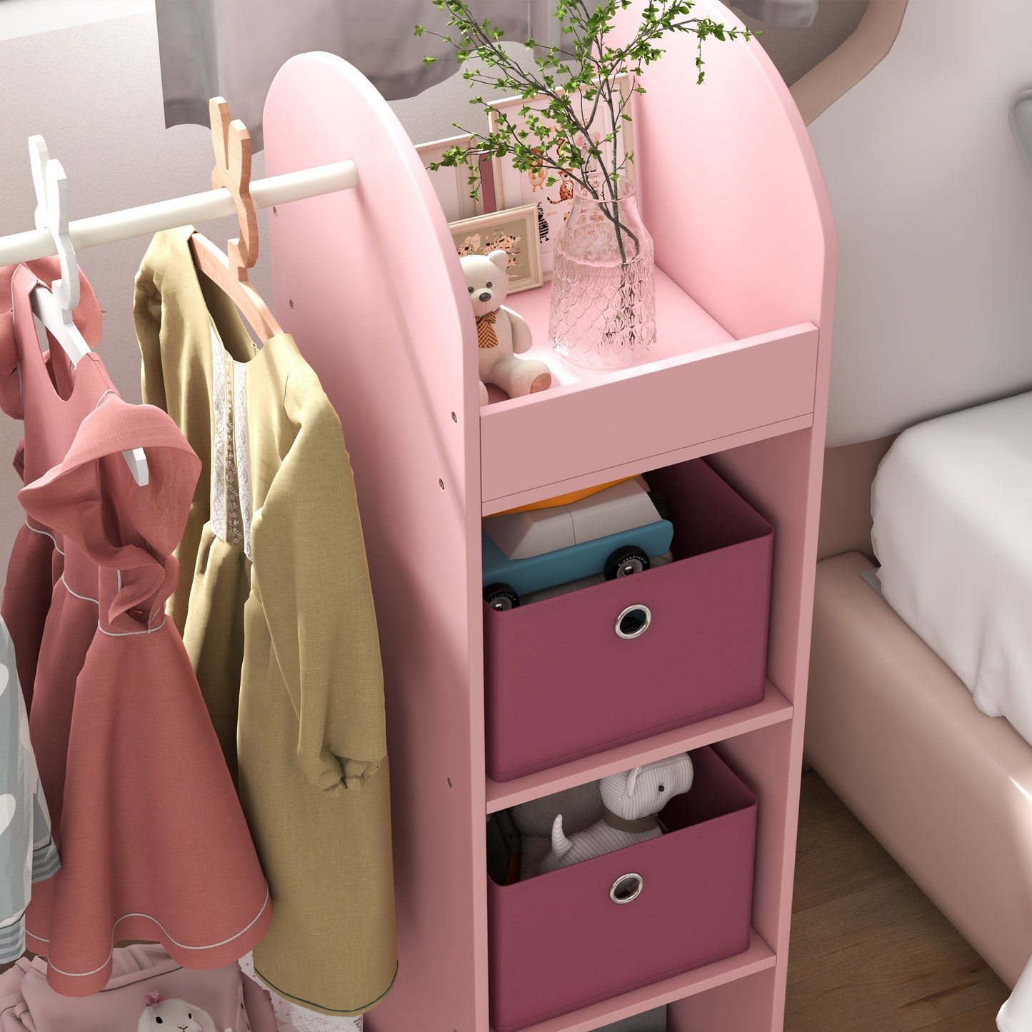 AIYAPLAY Kids Clothes Rail With Storage Shelf Boxes And Mirror For Bedroom And Nursery Pink