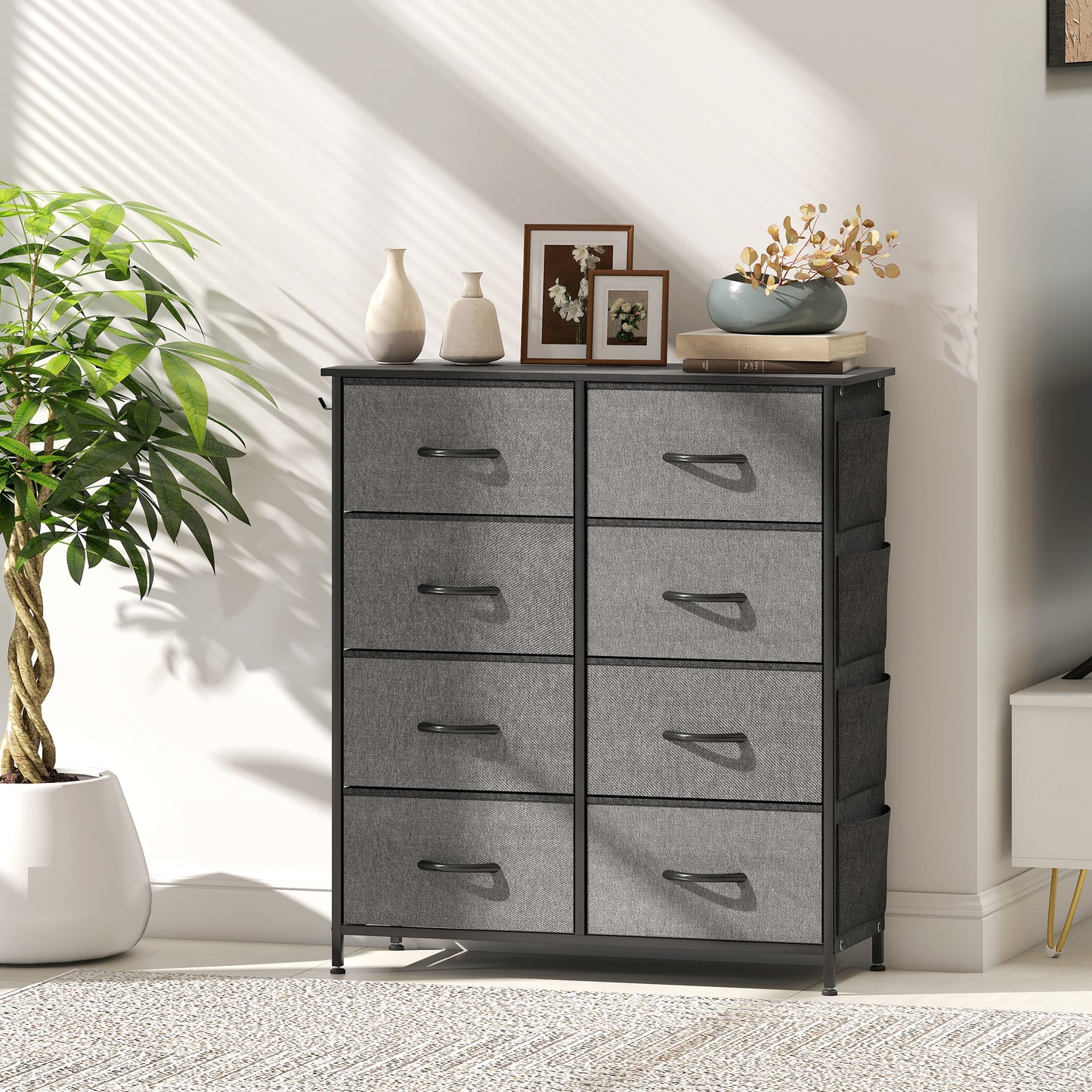 HOMCOM Fabric Chest Of Eight Drawers Charcoal Grey With Steel Frame And Side Pockets