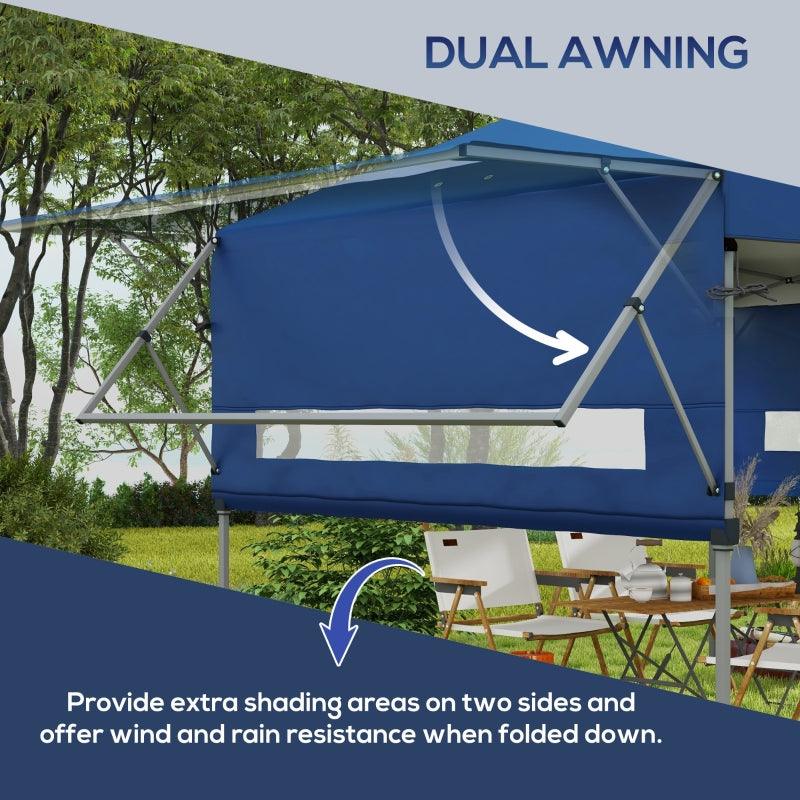 Outsunny 5x3m Pop Up Gazebo with Extendable Dual Awnings - Easy Up Marquee Party Tent, 1-Button Push, Double Roof, Wheeled Bag, Sandbags, Height Adjustable - Instant Shelter in Blue - ALL4U RETAILER LTD