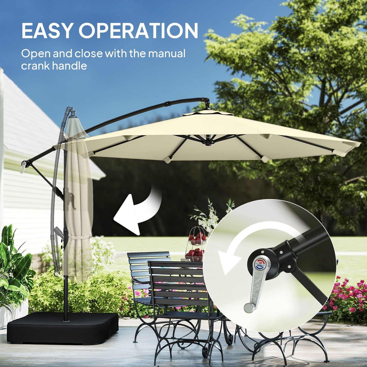 Outsunny 3 m Cantilever Garden Parasol With Cross Base Sandbag 360 Degree Rotation Overhanging Banana Umbrella Beige