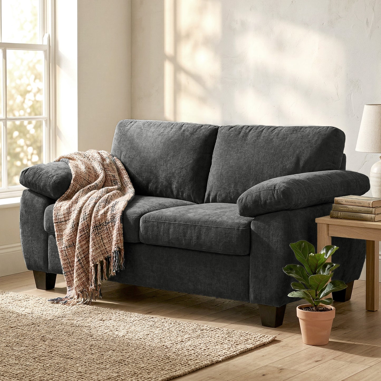HOMCOM 2 Seater Chenille Sofa Loveseat 156cm Dark Grey With Thick Spring Cushion Seats