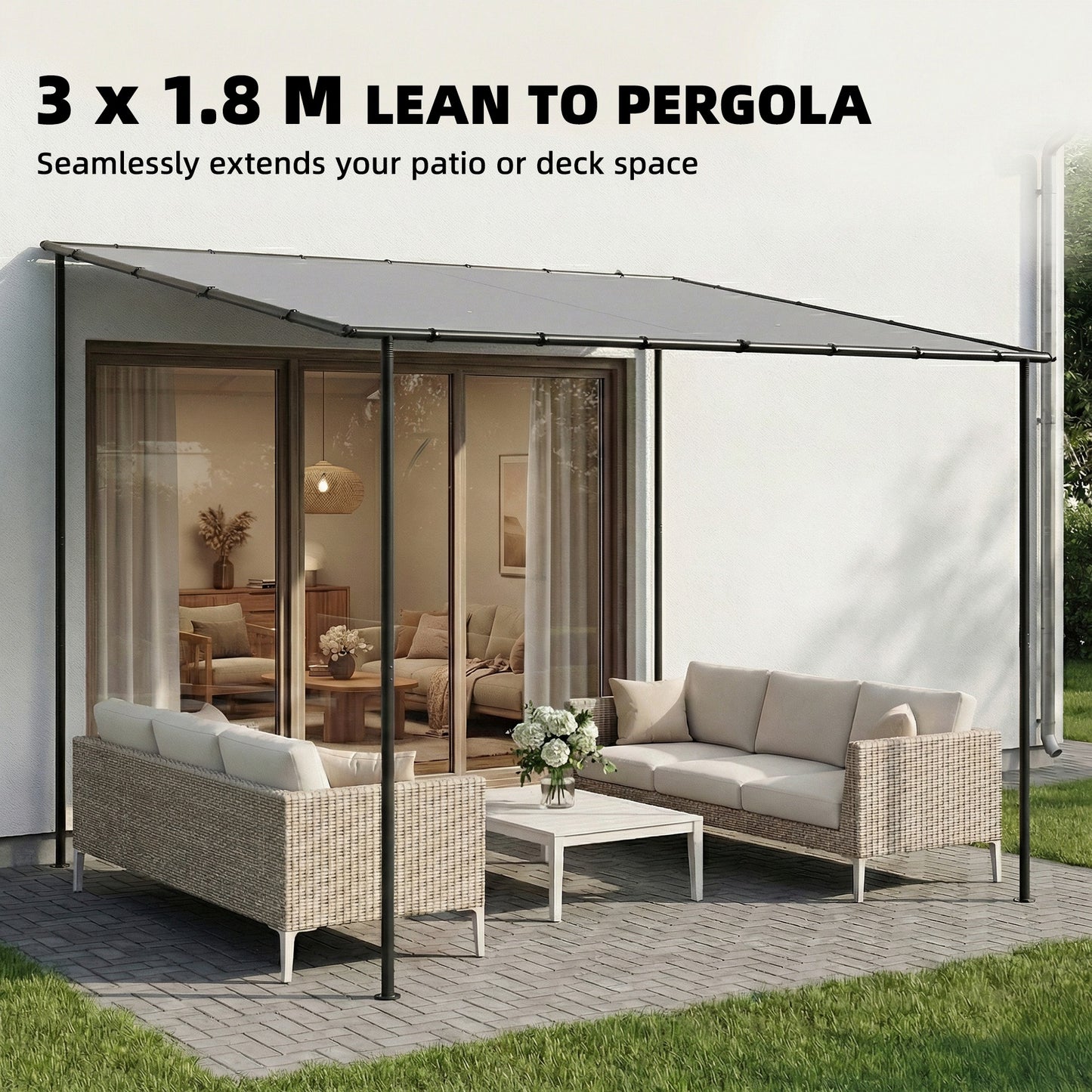 Outsunny 3 x 2 m Lean To Garden Pergola With Metal Frame Gazebo Sloped Roof UPF 30 Protection Drainage Holes Grey