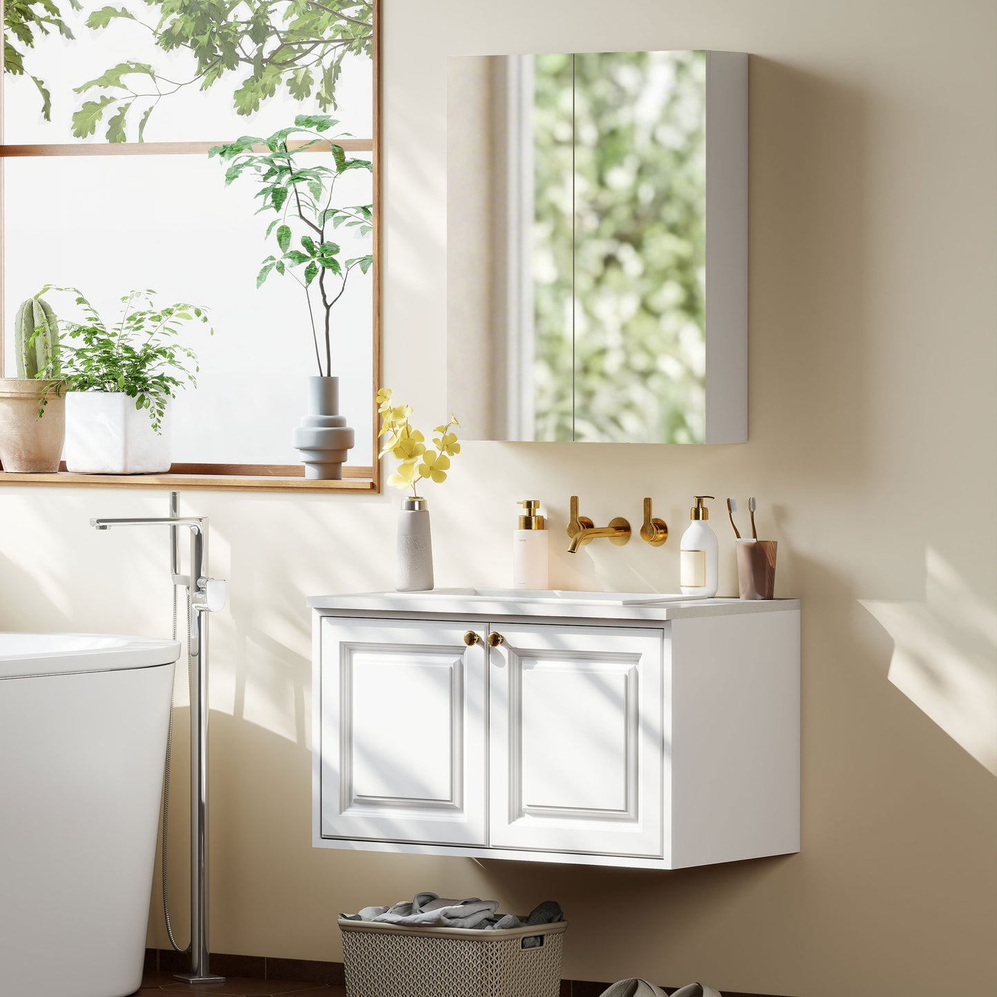 HOMCOM White Wall Mounted Bathroom Mirror Storage Cabinet With Door And Adjustable Shelf