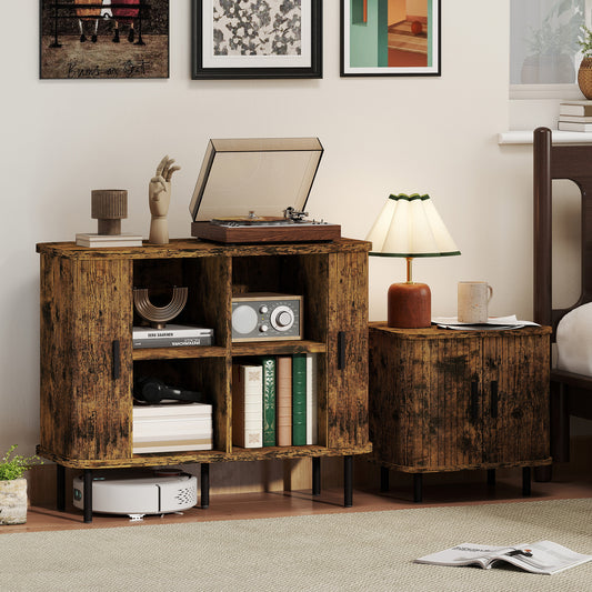 HOMCOM Mid Century Sideboard Cabinet Nightstand Accent Console With Tambour Doors Two Tier Storage Rustic Brown Warm Oak