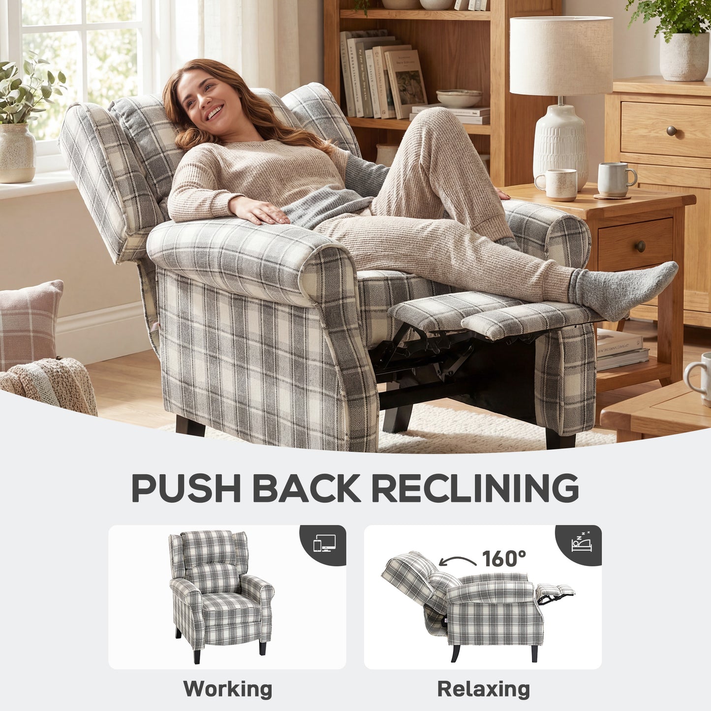 HOMCOM 160 Degree Reclining Armchair With Footrest Gray And White Linen Upholstery