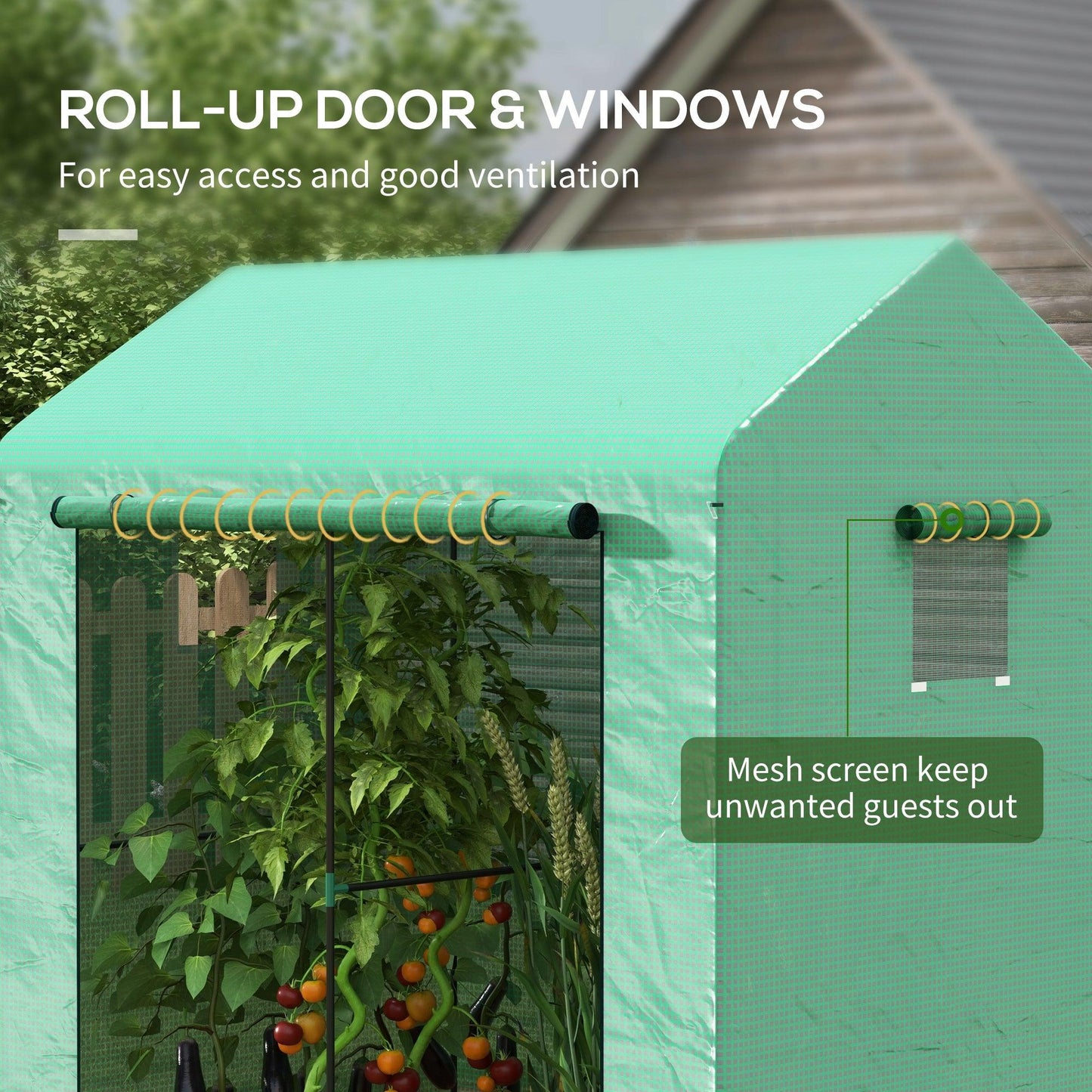 Outsunny Greenhouse, Walk-in Garden Grow House with Roll-up Door and Mesh Windows, 200 x 140 x 200cm, Green - ALL4U RETAILER LTD